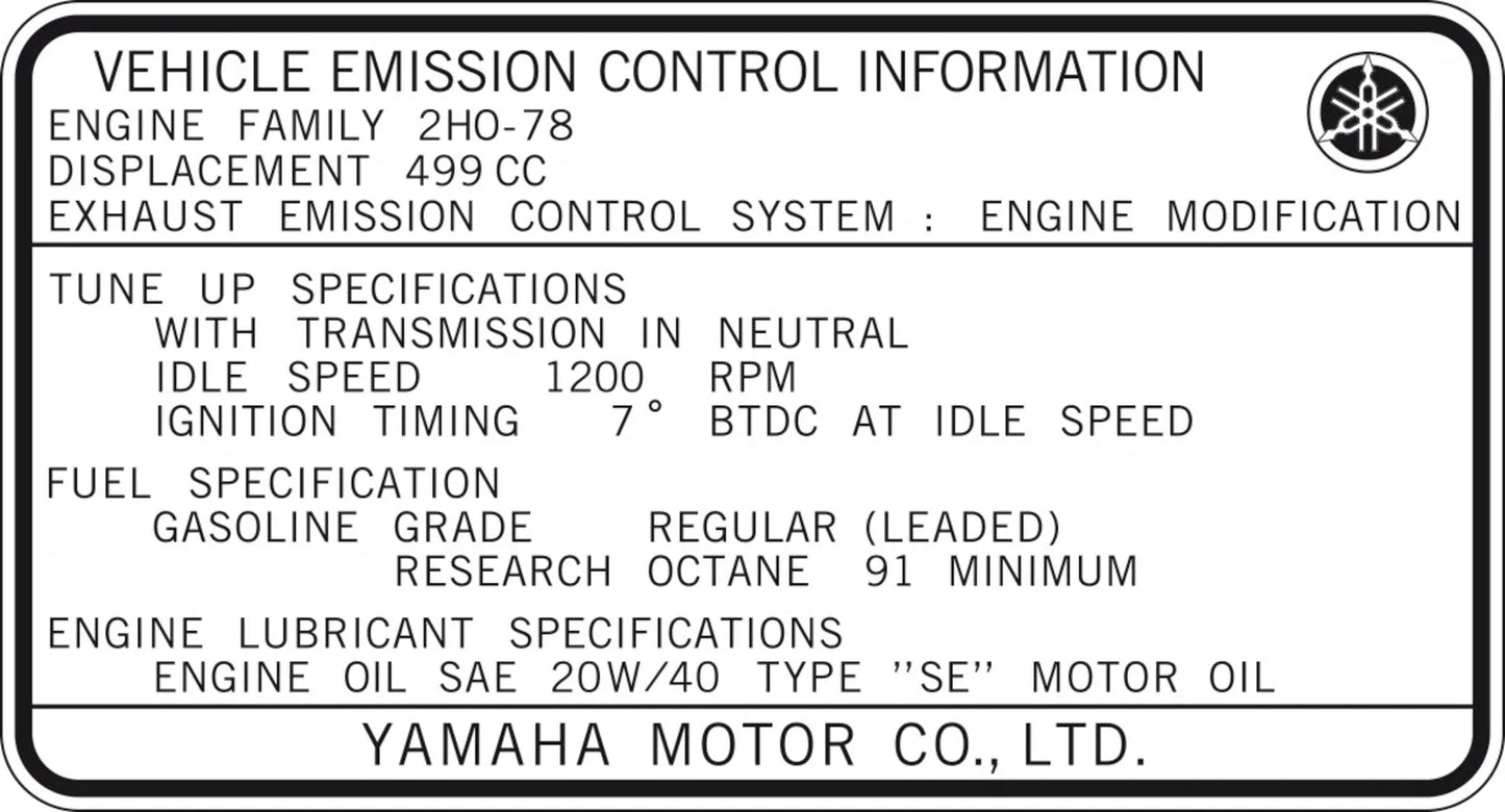 Decal - 'Vehicle Emission Control Information' - Type 2H0 78 - Side Cover - XT500