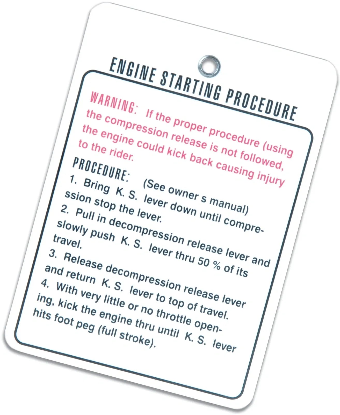 Hang Tag - 'Engine Starting Procedure' - XT500 TT500 SR500