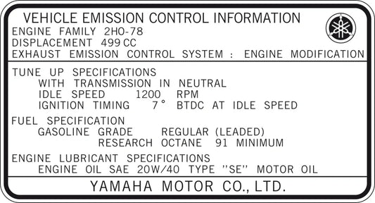 Decal - 'Vehicle Emission Control Information' - Type 2H0 78 - Side Cover - XT500