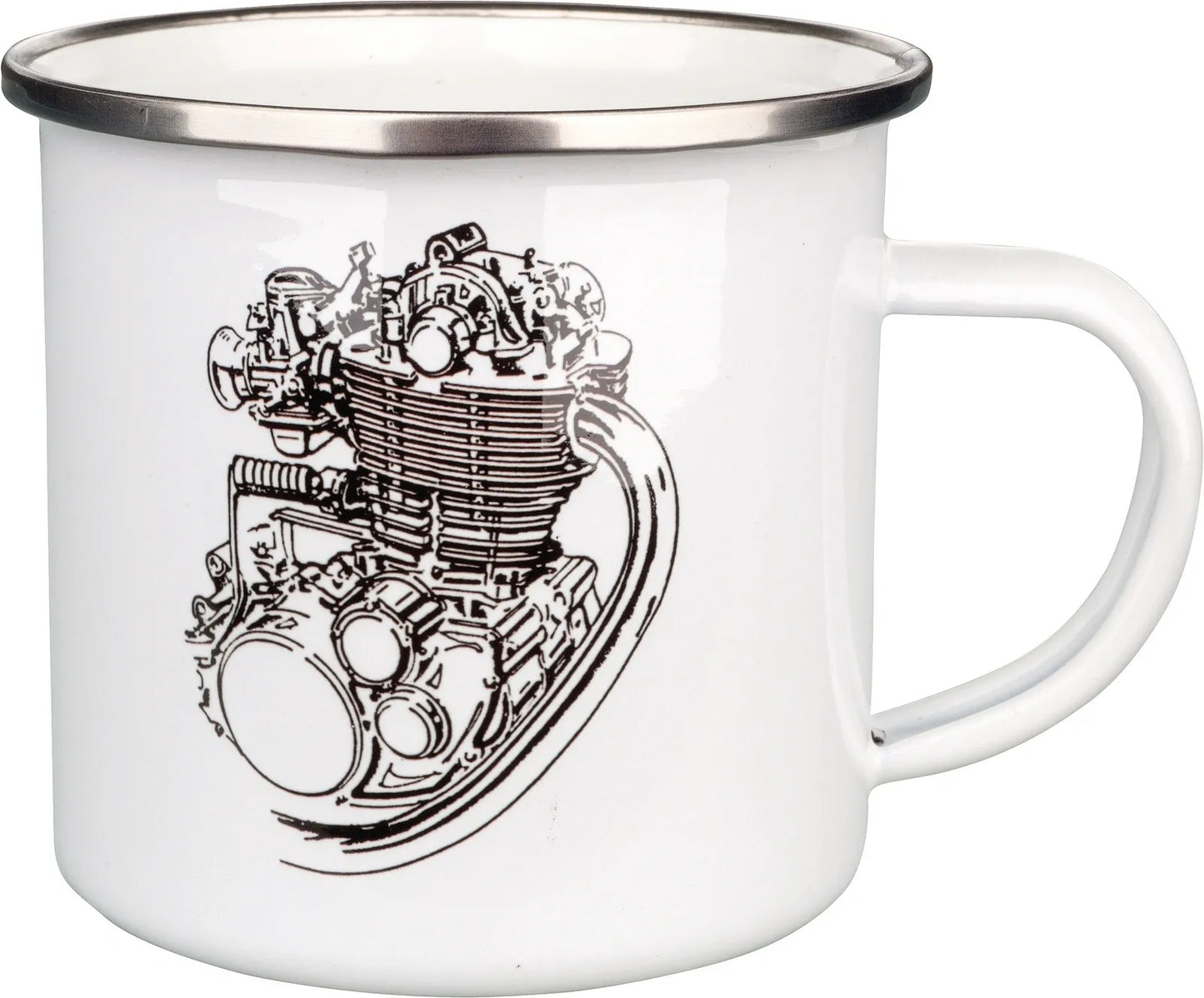 Nostalgia Mug '500cc' - with Stylized SR/XT500 Motor - White/Black in Gift Box - Enamel with Metal Rim - XT500 TT500 SR500 Universal