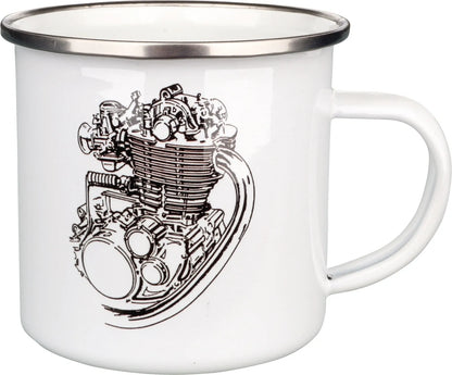 Nostalgia Mug '500cc' - with Stylized SR/XT500 Motor - White/Black in Gift Box - Enamel with Metal Rim - XT500 TT500 SR500 Universal