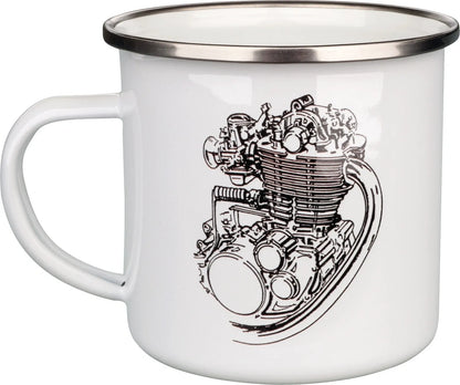 Nostalgia Mug '500cc' - with Stylized SR/XT500 Motor - White/Black in Gift Box - Enamel with Metal Rim - XT500 TT500 SR500 Universal