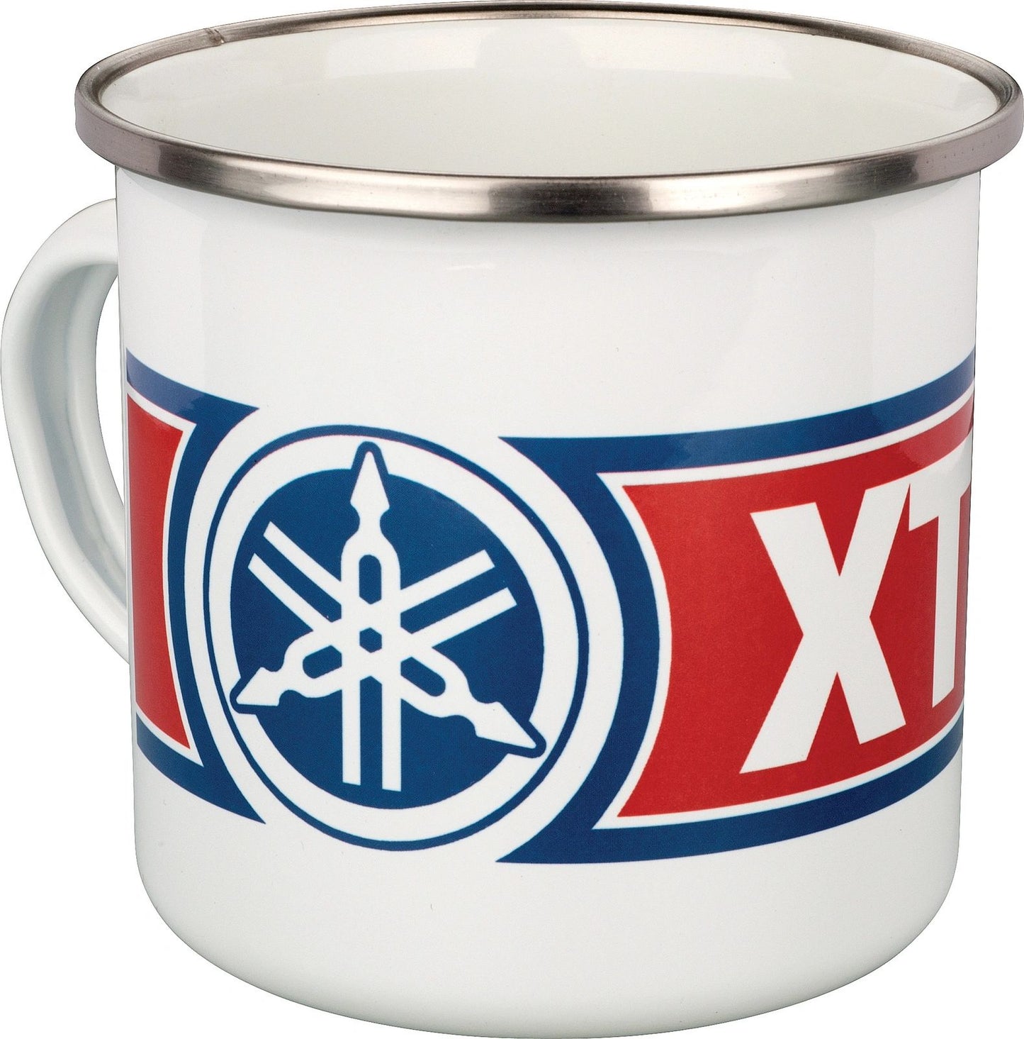 Nostalgia Mug 'XT250' - with XT250 and Tuning Fork Logo - Red/White/Blue in Gift Box - Enamel with Metal Rim - XT250 XT350 XT550 Universal