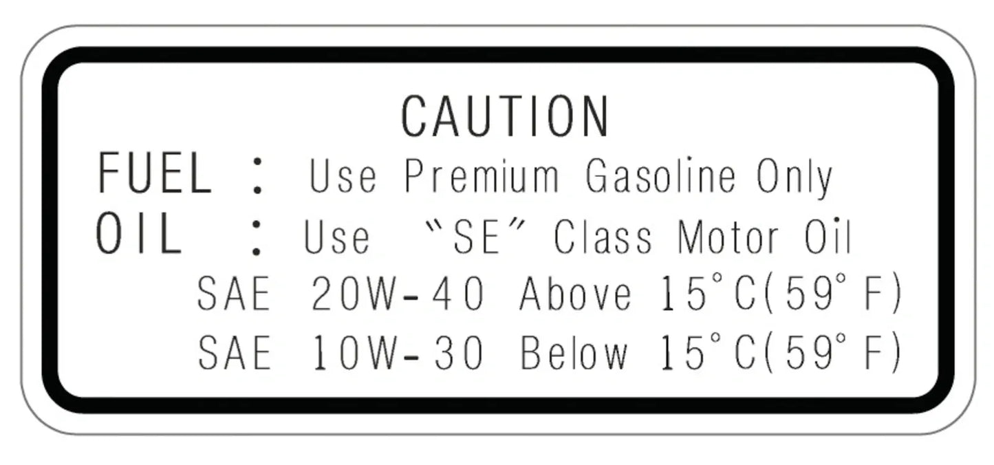 Decal - 'Fuel Oil 5Z, 20W-40/15°C/59°F, 10W-30/15°C/59°F' - XT500 TT500